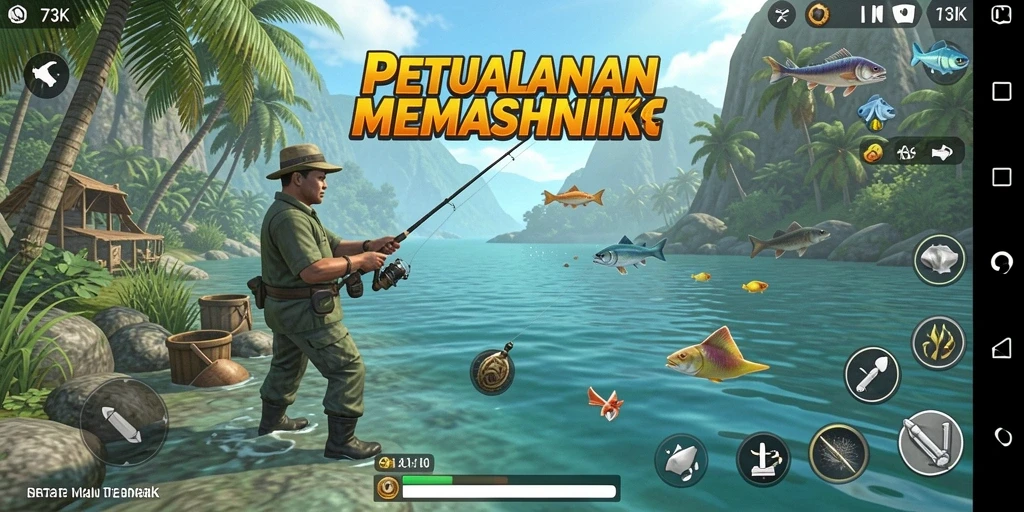 Screenshot gameplay 73K yang menampilkan pengalaman memancing yang seru.