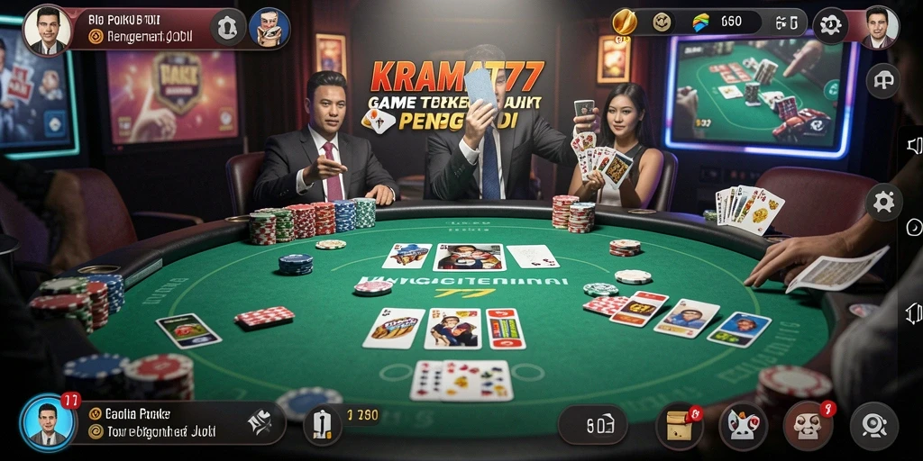 Tampilan screenshot KRAMAT77 menunjukkan gameplay poker yang seru dan dinamis.