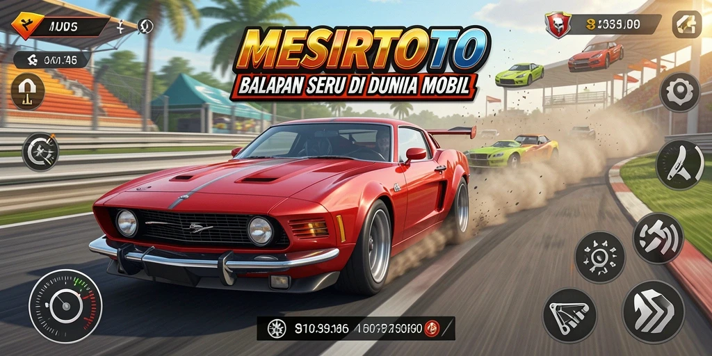 Screenshot gameplay MESIRTOTO menampilkan mobil balap di lintasan yang mendebarkan.